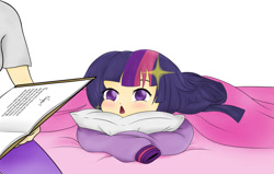 Size: 1024x652 | Tagged: safe, artist:blondedud, part of a series, part of a set, twilight sparkle, twilight velvet, human, bed, bedtime, bedtime story, book, humanized, pillow, prone, the elements of bed-time, younger