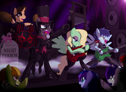 Size: 3400x2500 | Tagged: safe, artist:ponyecho, oc, oc only, oc:night terror, pony, alice cooper, audience, band, bipedal, clothes, commission, concert, drum kit, drums, drumsticks, electric guitar, guillotine, guitar, hat, makeup, metal as fuck, microphone, musical instrument, night, open mouth, ponified, tomb, top hat