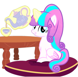 Size: 1308x1292 | Tagged: safe, artist:little903, princess flurry heart, alicorn, pony, food, magic, older, pillow, simple background, sitting, smiling, solo, tea, transparent background