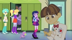 Size: 1100x618 | Tagged: safe, screencap, cloudy kicks, spike, tennis match, twilight sparkle, wiz kid, dog, equestria girls, equestria girls (movie), backpack, badge, bag, bedroom eyes, book, boots, bowtie, bracelet, clothes, door, high heel boots, iphone, jewelry, lockers, mirror, pen, shoes, skirt, sneakers, spike the dog, tennis ball