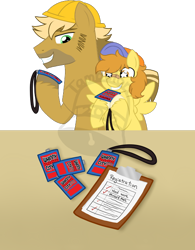 Size: 522x669 | Tagged: safe, artist:tambelon, oc, oc only, oc:hoof work, oc:mustard mark, pony, badge, bandaid, brothers, clipboard, colt, convention, hat, male, siblings, stallion, watermark