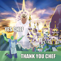 Size: 954x950 | Tagged: safe, derpibooru exclusive, oc, oc:anon, human, adoration, apron, canterlot, clothes, crepuscular rays, digital drawing, gordon ramsay, image macro, kneeling, lunchlady, meme, mixed media, pastiche, reaction image