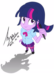 Size: 1631x2204 | Tagged: safe, artist:bluse, twilight sparkle, equestria girls, female, looking at you, looking up, perspective, show accurate, simple background, smiling, solo, stylus, white background