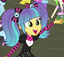 Size: 417x368 | Tagged: safe, screencap, cherry crash, diamond tiara, photo finish, pixel pizazz, silver spoon, equestria girls, rainbow rocks, boots, bowtie, cherry, clothes, cropped, ear piercing, earring, fingerless gloves, food, gloves, high heel boots, jewelry, piercing