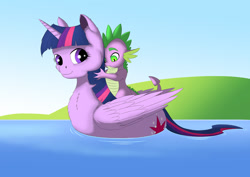 Size: 1754x1240 | Tagged: safe, artist:exelzior, spike, twilight sparkle, twilight sparkle (alicorn), alicorn, dragon, pony, behaving like a bird, behaving like a duck, dragons riding ponies, duo, female, male, mama twilight, mare, nervous, riding, swanlight sparkle, water