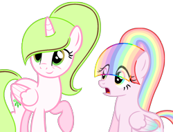 Size: 1436x1096 | Tagged: safe, artist:duyguusss, oc, oc only, oc:dakota chaos, oc:pastel rainbow, alicorn, pegasus, pony, base used, colored wings, female, mare, multicolored wings, raised hoof, simple background, transparent background