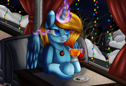 Size: 5000x3400 | Tagged: safe, artist:merienvip, oc, oc only, alicorn, pony, absurd resolution, christmas lights, cup, female, magic, mare, snow, solo, tree