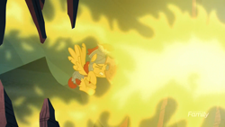Size: 1920x1080 | Tagged: safe, screencap, flash magnus, pegasus, pony, campfire tales, spoiler:s07, discovery family logo, fire, flying, injured, male, netitus, royal legion, shield, stallion