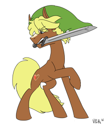 Size: 1600x1811 | Tagged: safe, artist:torusthescribe, quarter hearts, link, mouth hold, rupee, simple background, solo, sword, the legend of zelda, transparent background, weapon