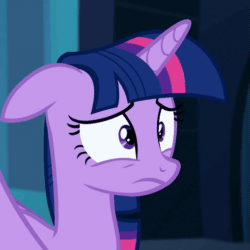 Size: 509x508 | Tagged: safe, screencap, twilight sparkle, twilight sparkle (alicorn), alicorn, pony, the cutie re-mark, animated, cropped, female, floppy ears, folded wings, frown, gif, gritted teeth, mare, open mouth, surprised, worried