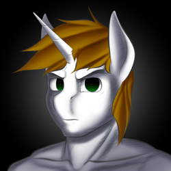 Size: 1024x1024 | Tagged: safe, artist:pabloracer, oc, oc only, oc:pr, anthro, unicorn, angry, anthro oc, gradient background, looking at you, male, serious, serious face, solo, stallion