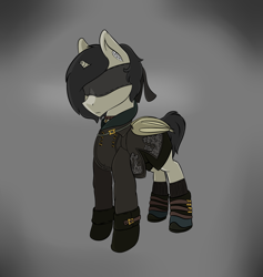 Size: 2005x2113 | Tagged: safe, artist:php2000, oc, oc only, oc:schurl miller, bat pony, pony, 9s, bandage, bat wings, clothes, crossover, dress, leotard, male, nier, nier: automata, pants, ponified, simple background, stallion