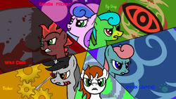 Size: 900x506 | Tagged: safe, artist:vorian caverns, oc, oc only, oc:able, oc:bip drop, oc:candle flicker, oc:tinker, oc:vorian caverns, oc:wild card, pony, angry, bust, cutie mark, different muzzle colour, female, freckles, group, heterochromia, male, mare, portrait, signature, stallion, text