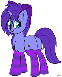 Size: 1275x1569 | Tagged: safe, artist:seafooddinner, oc, oc only, oc:seafood dinner, pony, unicorn, bow, chest fluff, clothes, cute, plot, simple background, smiling, socks, solo, striped socks, transparent background