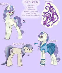 Size: 1280x1509 | Tagged: safe, artist:stuflox, oc, oc only, oc:lolite waltz, crystal pony, pony, clothes, dress, female, floppy ears, mare, reference sheet, sad, solo