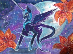 Size: 2592x1936 | Tagged: safe, artist:cityofdreams, nightmare moon, alicorn, classical unicorn, pony, flower, leonine tail, moon, raised hoof, solo, spread wings, stars, traditional art, watercolor painting