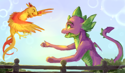 Size: 4000x2335 | Tagged: safe, artist:cuttledreams, peewee, spike, dragon, phoenix, awesome in hindsight, beautiful, best friends, duo, fence, floating, heartwarming in hindsight, hilarious in hindsight, majestic, male, older, older spike, winged spike