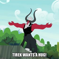 Size: 500x500 | Tagged: safe, lord tirek, centaur, twilight's kingdom, exploitable meme, horns, hug, image macro, lord tirek's outstretched arms, male, meme, nose ring, open mouth, solo, text, tree