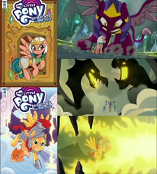 Size: 1513x1683 | Tagged: safe, idw, screencap, flash magnus, somnambula, sphinx (character), dragon, pegasus, pony, sphinx, campfire tales, daring done?, legends of magic, season 7, spoiler:comic, spoiler:s07, collage, female, fire, glowing eyes, glowing mouth, male, mare, netitus, shield, stallion