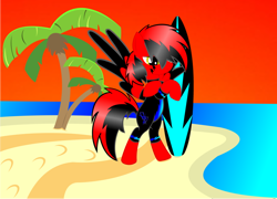 Size: 1024x737 | Tagged: safe, artist:redthunder016, oc, oc only, pegasus, pony, 2016, beach, cute, needs more saturation, palm tree, red and black oc, sand, sexy, tree, water, wetsuit