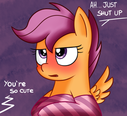 Size: 1600x1456 | Tagged: dead source, safe, artist:radek1212, scootaloo, blushing, clothes, cute, cutealoo, embarrassed, i'm not cute, socks, solo, striped socks, tsundaloo, tsundere