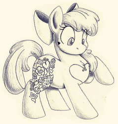 Size: 472x494 | Tagged: safe, artist:rannva, apple bloom, earth pony, pony, apple bloom's bow, bow, chest fluff, cutie mark, female, filly, hair bow, heart, monochrome, raised hoof, simple background, solo, story, story:endless gifts, tattoo-like, traditional art