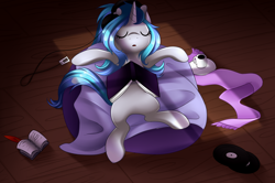 Size: 3000x1990 | Tagged: safe, artist:scarlet-spectrum, oc, oc only, pony, unicorn, beverage, book, commission, cup, eyes closed, female, headphones, ipod, listening, mare, mp3 player, music, on back, plate, sleeping, solo