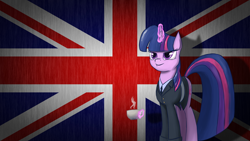 Size: 1920x1080 | Tagged: safe, artist:mrscroup, twilight sparkle, pony, unicorn, british, clothes, female, food, glowing horn, magic, mare, solo, tea, telekinesis