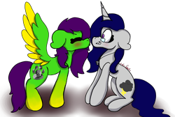 Size: 2308x1555 | Tagged: safe, artist:whosskylar, oc, oc only, oc:camoflage cat, oc:thunderstorm, pegasus, pony, unicorn, glasses, jewelry, kissing, necklace, oc x oc, pendant, shipping, simple background, transparent background