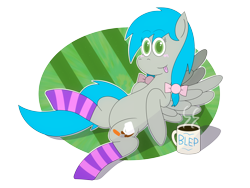 Size: 4000x3000 | Tagged: safe, artist:b-cacto, oc, oc only, oc:darcy sinclair, pony, :p, clothes, coffee, smiling, socks, solo, tongue out