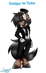 Size: 2000x3200 | Tagged: safe, artist:mimy92sonadow, oc, oc only, oc:classy tophat, anthro, unguligrade anthro, unicorn, clothes, ear fluff, glasses, gloves, hand in pocket, hat, looking at you, male, simple background, solo, stallion, suit, top hat, transparent background, unshorn fetlocks