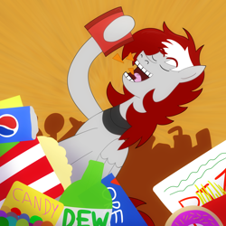 Size: 4000x4000 | Tagged: safe, artist:b-cacto, oc, oc only, oc:wing saber, pony, chips, doritos, eating, food, junk food, mountain dew, soda, solo