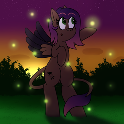 Size: 1000x1000 | Tagged: safe, artist:b-cacto, oc, oc only, oc:evening howler, firefly (insect), pony, bipedal, dusk, solo, standing, sunset