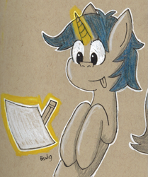 Size: 905x1085 | Tagged: safe, artist:b-cacto, oc, oc only, oc:b.b., pony, :p, magic, paper, pencil, solo, tongue out, traditional art
