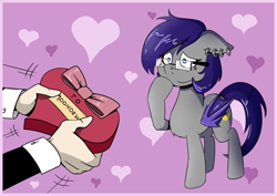 Size: 3507x2480 | Tagged: safe, artist:alvh-omega, oc, oc only, oc:moondew, bat pony, pony, ear piercing, earring, glasses, heart, jewelry, offscreen character, piercing, solo, valentine's day