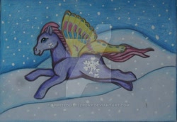 Size: 600x413 | Tagged: safe, artist:spiritedlittlepony, g1, deviantart watermark, flurry (g1), flying, obtrusive watermark, snow, solo, watermark, windy wing ponies