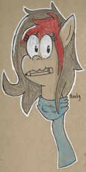 Size: 628x1252 | Tagged: safe, artist:b-cacto, oc, oc only, oc:notepad, earth pony, pony, :3, bust, clothes, female, limited palette, mare, mouth hold, pencil, portrait, scarf, solo, traditional art