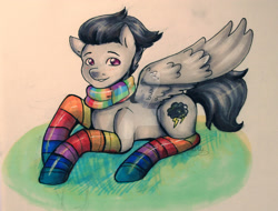 Size: 1024x780 | Tagged: safe, artist:welovetutusmercy, rumble, blushing, clothes, cute, older, rainbow socks, scarf, socks, solo, striped socks