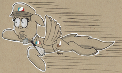 Size: 1403x839 | Tagged: safe, artist:b-cacto, oc, oc only, oc:special delivery, pony, bread, bread in mouth, flying, food, gotta go fast, running late, solo, toast, traditional art