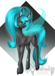 Size: 2393x3279 | Tagged: safe, artist:noodlefreak88, oc, oc only, changeling, abstract background, blue changeling, changeling oc, curved horn, ear fluff, eye contact, female, glass changeling, gradient background, long ears, looking at each other, raised hoof, solo, transparent wings, youtuber