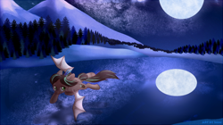 Size: 600x337 | Tagged: dead source, safe, artist:sion, oc, oc only, oc:cocoa dot, bat pony, pony, bat pony oc, full moon, lake, moon, night, reflection, solo