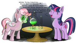 Size: 3832x2181 | Tagged: safe, artist:underwoodart, twilight sparkle, twilight sparkle (alicorn), oc, alicorn, pegasus, pony, asapscience, bunsen burner, chemistry, condenser, distillation, eyes closed, flask, glass tube, periodic table, schlenk flask, science, singing, table