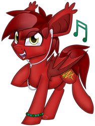 Size: 3332x4404 | Tagged: safe, artist:partylikeanartist, oc, oc only, oc:tune twister, bat pony, pony, absurd resolution, bat pony oc, bracelet, commission, cute, earbuds, fangs, jewelry, kandi, looking at you, music notes, open mouth, raised hoof, simple background, smiling, solo, transparent background