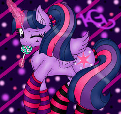 Size: 1000x946 | Tagged: safe, artist:royaltwilight, twilight sparkle, twilight sparkle (alicorn), alicorn, pony, candy, clothes, food, glowing horn, lollipop, one eye closed, socks, solo, striped socks, wink