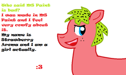 Size: 664x396 | Tagged: artist needed, source needed, safe, oc, oc only, oc:strawberry aroma, pony, 1000 hours in ms paint, female, food, mare, ms paint, quality, solo