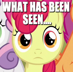 Size: 306x302 | Tagged: safe, edit, edited screencap, screencap, apple bloom, scootaloo, sweetie belle, image macro, meme, shocked, thousand yard stare, what has been seen