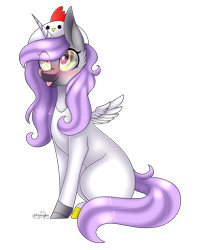 Size: 1675x2103 | Tagged: safe, artist:ohhoneybee, oc, oc only, alicorn, pony, chicken hat, female, mare, silly, silly pony, simple background, sitting, solo, tongue out, transparent background