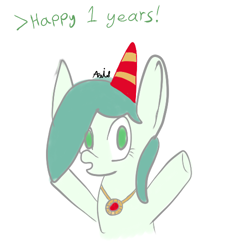 Size: 500x500 | Tagged: safe, artist:axisthechangeling, oc, oc only, oc:emerald jewel, amulet, colt quest, cute, hair over one eye, happy, hat, party hat, solo