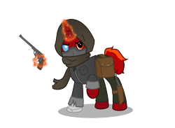 Size: 1575x1150 | Tagged: safe, artist:firefall-mlp, oc, oc only, oc:firefall, pony, unicorn, clothes, crossover, fallout, gun, looking at you, magic, male, pants, raised hoof, saddle bag, simple background, solo, stallion, transparent background, weapon