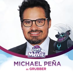 Size: 1200x1200 | Tagged: safe, grubber, hedgehog, human, my little pony: the movie, character reveal, clothes, irl, irl human, michael peña, mlp movie cast icons, official, open mouth, photo, voice actor, with their characters